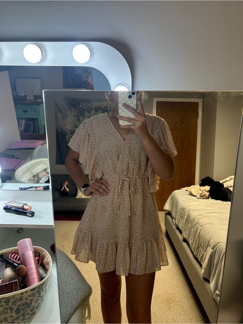 BiBi Cream Floral Tie-Waist Ruffle Mini Dress